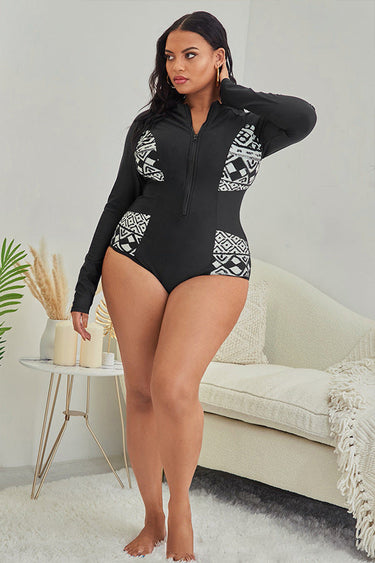 Plus Size Geometric Print Zip-Front One-Piece Swimsuit